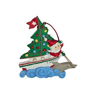 Santa Claus Boat Christmas Ornament With Dolphin & Waves SS Claus